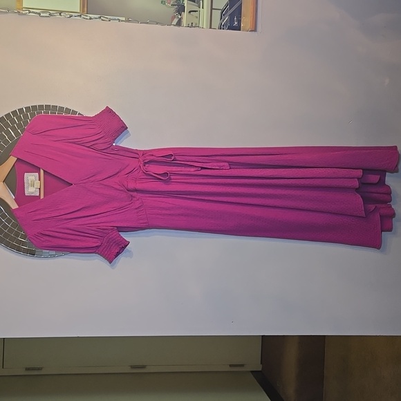 Anthropologie Rayon Maeve Breanna Wrap  Raspberry Midi Belted Lined Resort Dress - Picture 5 of 16
